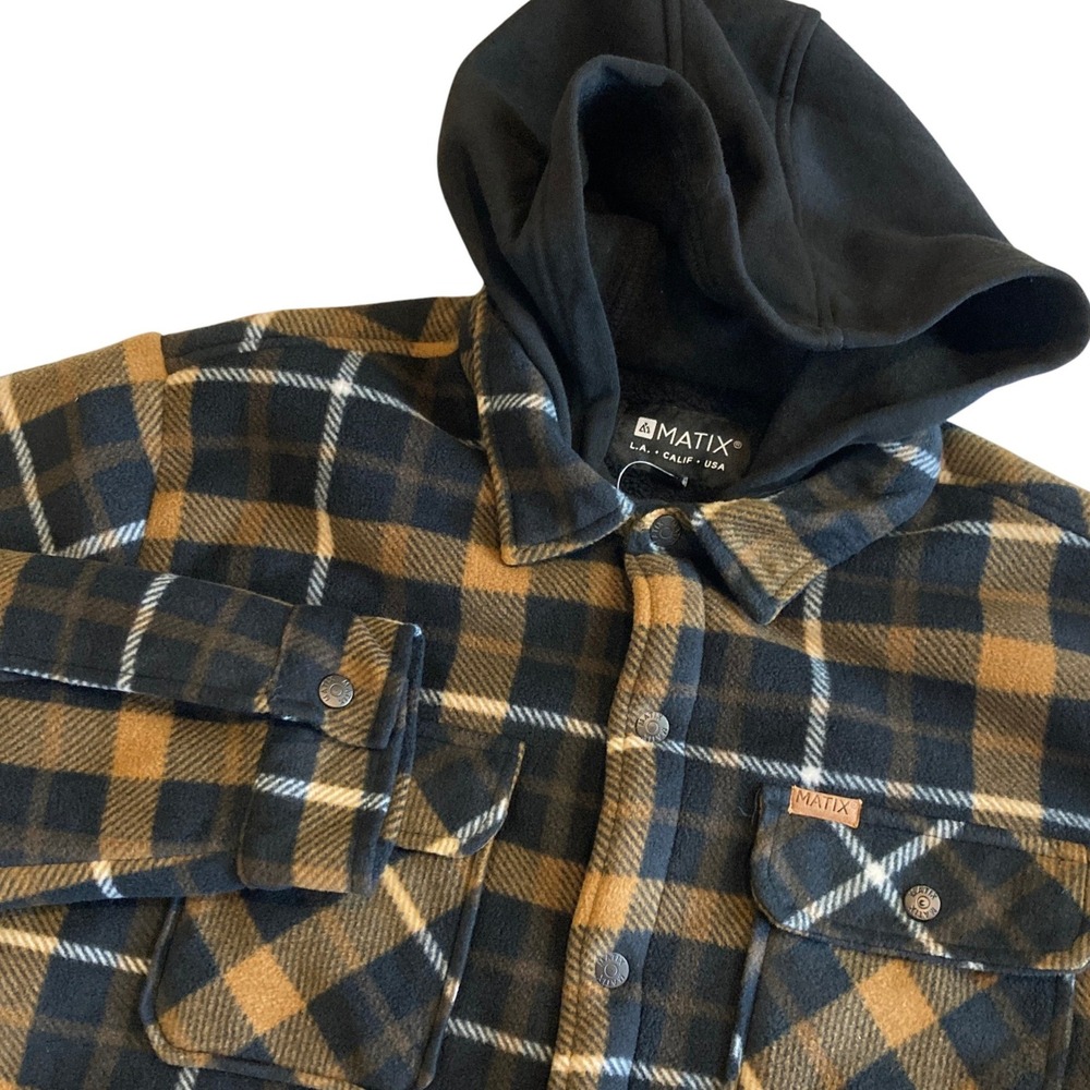 NEW Matix Mens L Plaid Fleece Shirt Jacket Hooded Lined Brown Black NWT